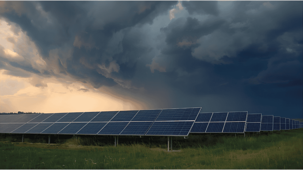 Duurzame zonnepanelen op een veld onder stormachtige hemel.